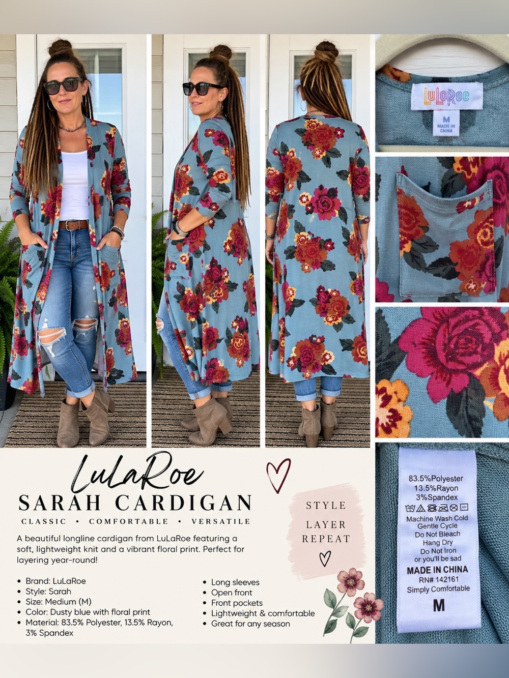 LuLaRoe Sarah Dusty Blue with Red & Orange Floral Long Cardigan